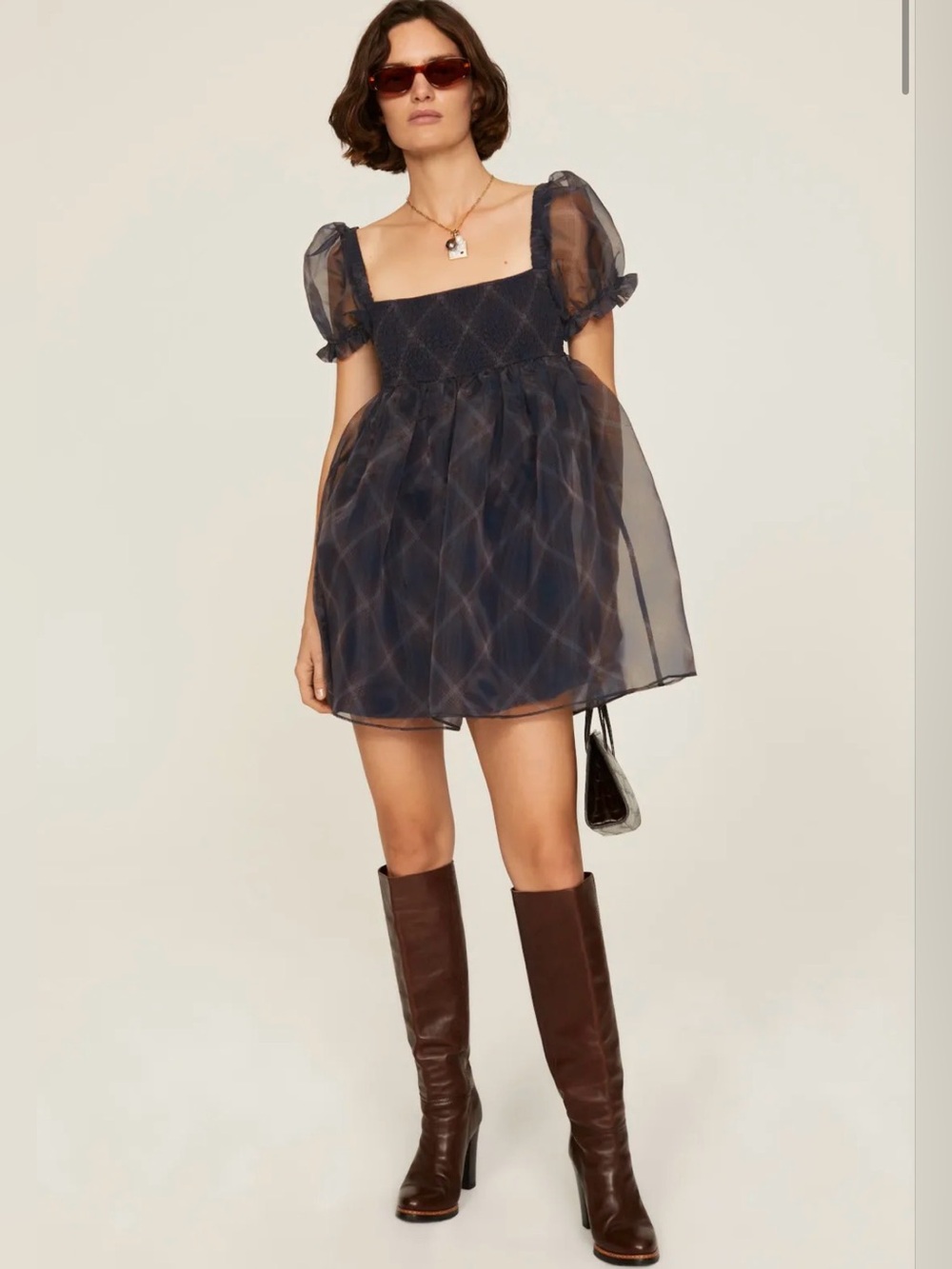 WEWOREWHAT Blue Plaid Organza Puff Sleeve Smocked Mini Dress Size Small